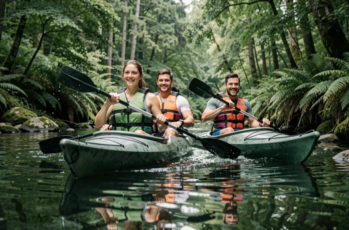 Groupe d'adultes faisant du kayak sur une rivière calme entourée de forêt dense lors d'une sortie outdoor