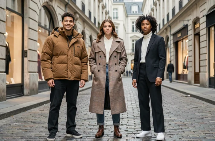 Groupe de jeunes adultes tendance aux tenues mode variées dans une rue pavée européenne bordée de boutiques