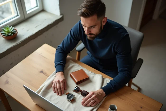 Homme arrangeant une sélection d'accessoires masculins haut de gamme sur un bureau en bois minimaliste