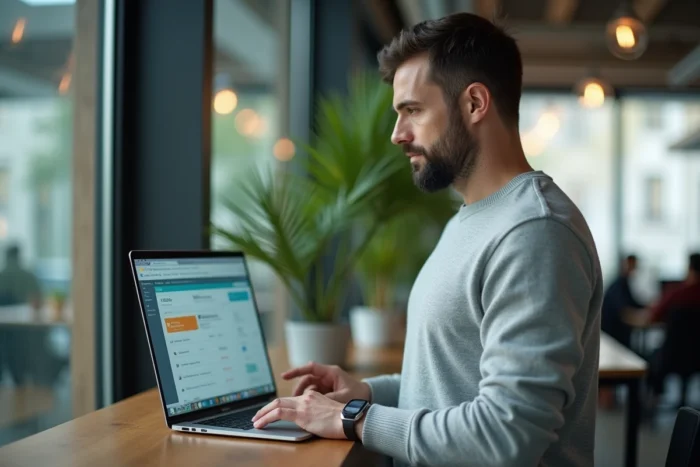 Homme d'affaires consultant un tableau de bord de plateforme en ligne sur ordinateur portable dans un espace de coworking moderne