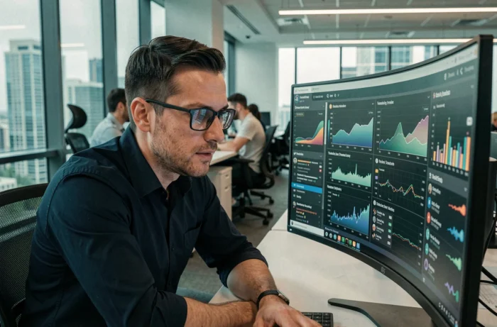 Homme professionnel analysant les dernières tendances du web et données en temps réel sur un grand écran dans un open space moderne
