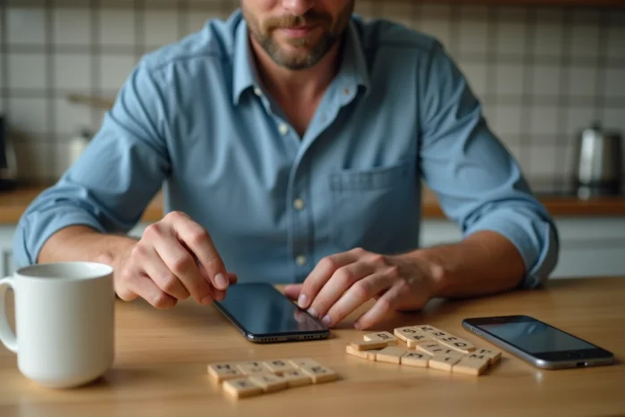 Homme utilisant une application mobile pour vérifier la validité d'un mot au Scrabble