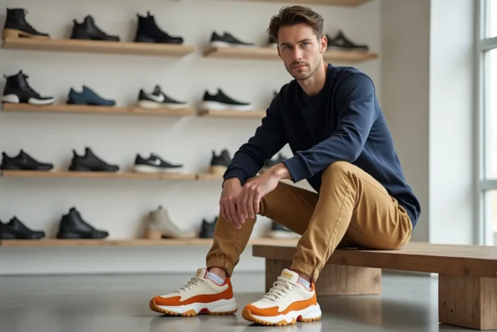 Homme assis en baskets rétro chunky terracotta dans une boutique de sneakers contemporaine, style tendance