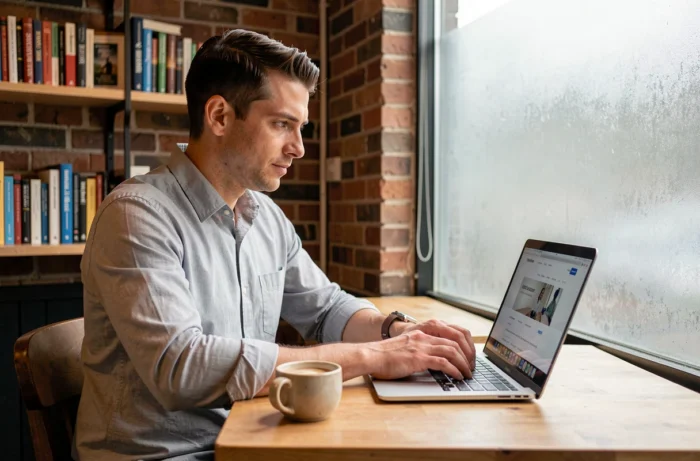 Homme consultant un guide pratique en ligne sur son ordinateur portable dans un café pour mettre à jour ses informations après un changement de nom