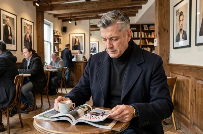 Homme élégant lisant un magazine culturel dans un café parisien raffiné illustrant les actualités culturelles à ne pas manquer