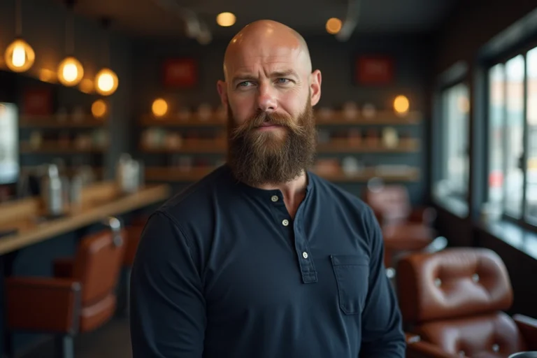 Homme chauve avec une barbe pleine et bien taillée dans un salon de coiffure moderne, style urbain élégant