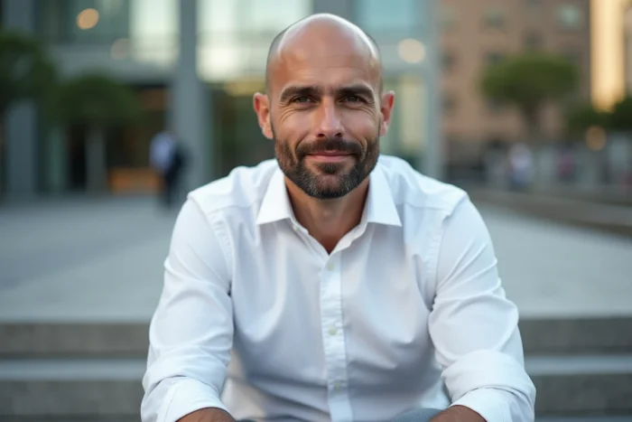 Homme chauve avec une barbe Van Dyke sculptée en extérieur dans un espace urbain moderne, look soigné et décontracté