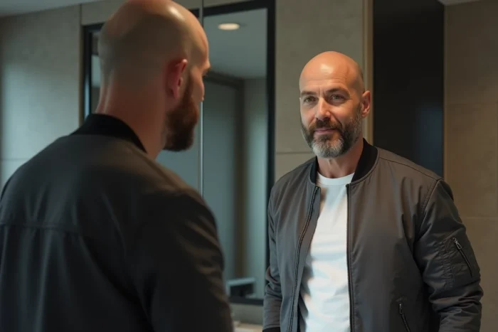 Homme chauve avec un stubble de 5 jours devant un miroir de salle de bain moderne, entretien de barbe à domicile