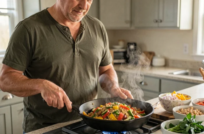 Homme cuisinant une recette simple et équilibrée dans une poêle en fonte sur une cuisinière familiale