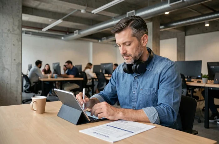 Homme en formation e-learning sur une tablette dans un espace de co-working moderne avec des notes imprimées et des écouteurs