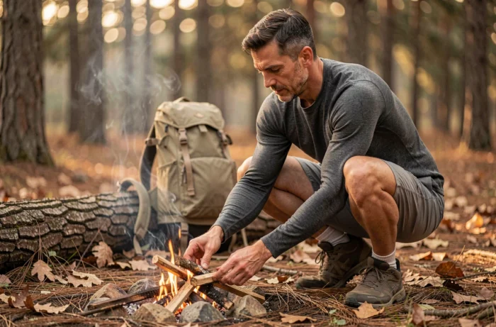 Homme allumant un feu de camp dans une clairière forestière lors d'une aventure en pleine nature