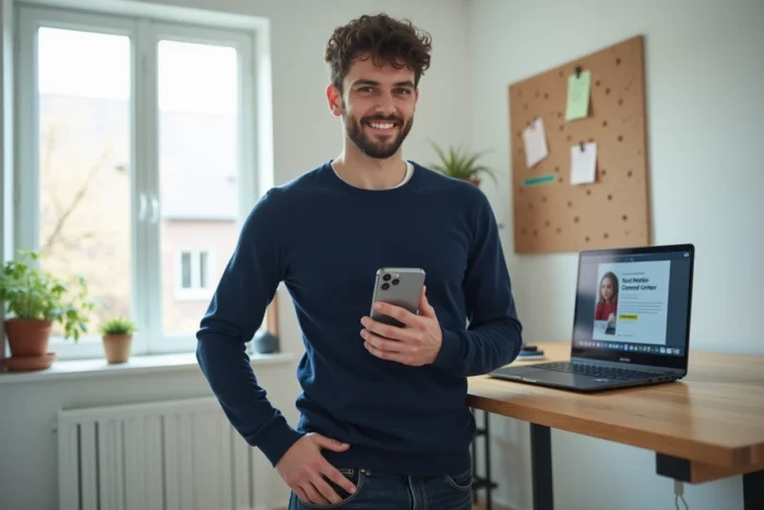 Jeune homme consultant une interface web responsive sur smartphone dans un bureau minimaliste à domicile