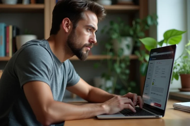 Homme naviguant sur un site de streaming alternatif depuis son bureau à domicile en 2026