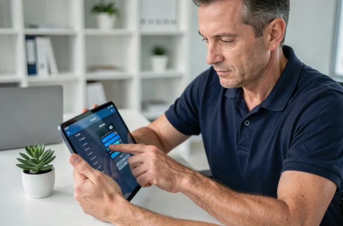 Homme consultant les paramètres d'une tablette pour corriger un dysfonctionnement tactile