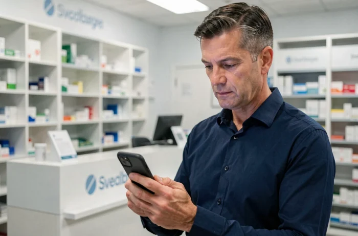 Homme consultant ses résultats d'analyses biologiques sur smartphone dans une pharmacie ou un centre médical