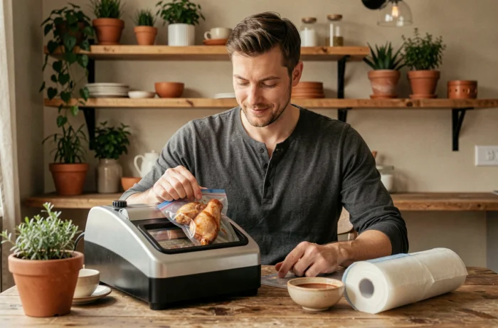 Homme évaluant un sachet sous vide rempli de poulet mariné avec la machine Magic Vac Maxima 2 posée sur une table en bois