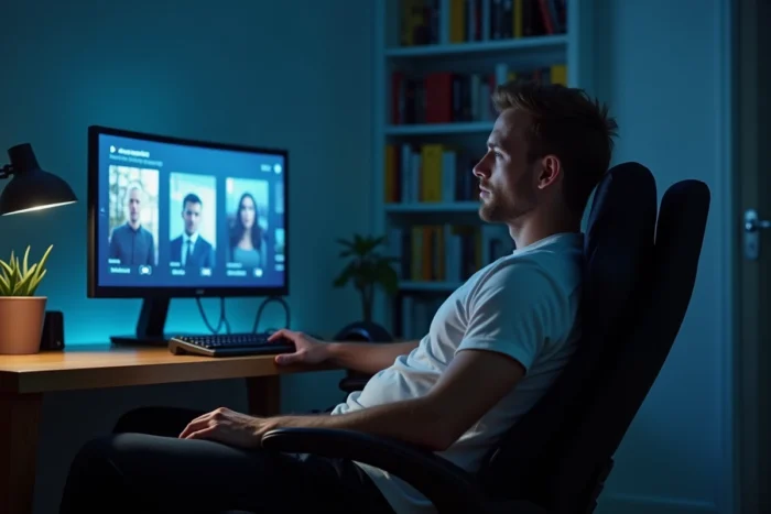 Homme regardant des séries en streaming sur grand écran dans son bureau à domicile