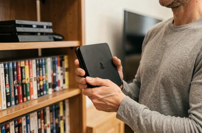 Homme tenant une PS4 Slim dans les mains avec une PS4 classique posée sur une étagère en bois en arrière-plan