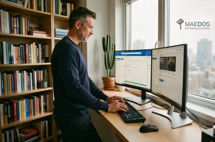 Homme travaillant sur une stratégie de référencement naturel depuis un bureau à domicile avec deux écrans