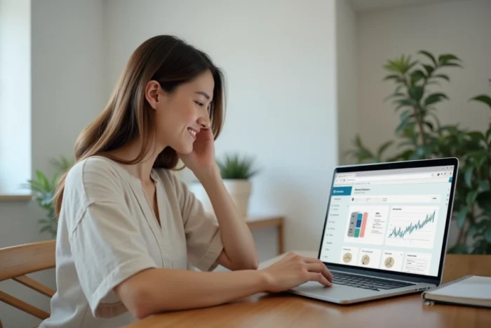 Jeune femme analyste influenceuse consultant ses statistiques Instagram sur un ordinateur portable dans un bureau minimaliste