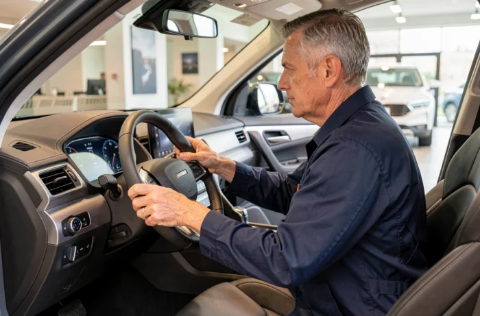 Ingénieur automobile examinant le tableau de bord high-tech d'un SUV 2024 dans un showroom contemporain