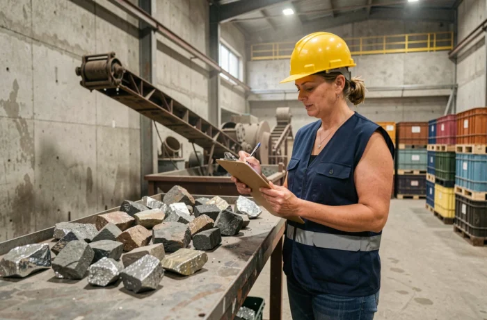 Ingénieure examinant des échantillons de minerai d'étain dans une usine de traitement minier industrielle