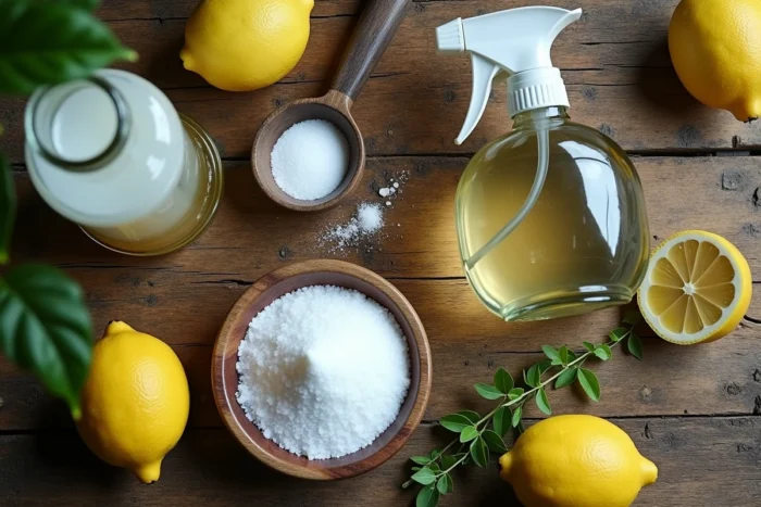 Ingrédients naturels pour fabriquer un désherbant maison contre le pourpier : vinaigre, sel et citron