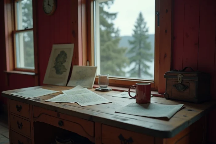 Intérieur d'un chalet suédois typique avec documents d'enquête et carte de l'archipel de Sandhamn sur un bureau en bois