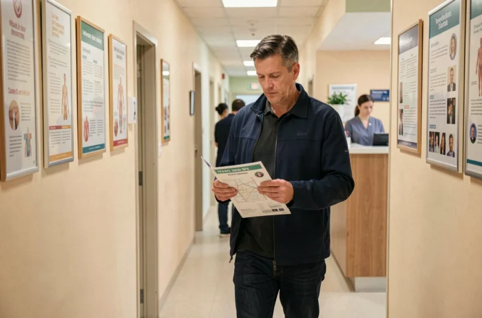 Patient masculin naviguant dans le couloir intérieur de la maison médicale de Montbrison avec un plan en main