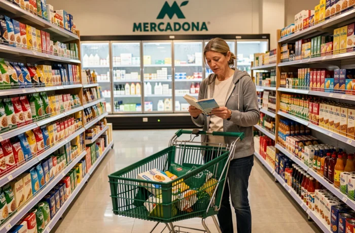 Intérieur d'un supermarché Mercadona avec rayons organisés et cliente faisant ses courses