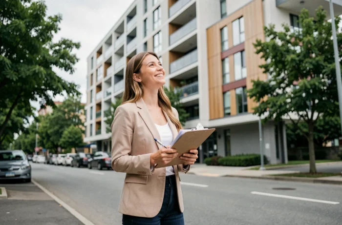 Jeune femme devant un immeuble moderne tenant un dossier lors de sa recherche pour un premier achat immobilier