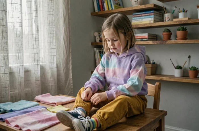 Jeune fille créative habillée avec style en hoodie tie-dye et pantalon en velours côtelé, assise à une table d'atelier dans sa chambre colorée