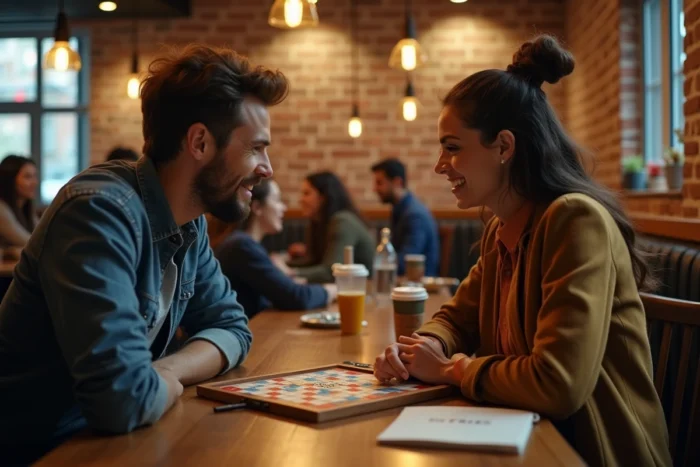 Deux joueurs de Scrabble en café consultant un guide de mots valides lors d'une partie animée