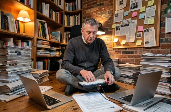 Journaliste freelance travaillant depuis son bureau à domicile entouré de documents de recherche et d'ordinateurs portables