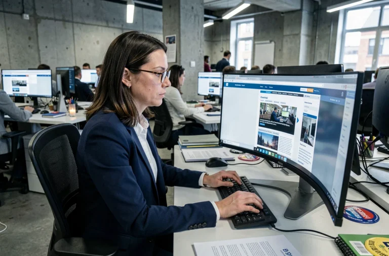 Journaliste numérique travaillant dans une rédaction moderne devant un écran d'ordinateur affichant un site d'information en ligne