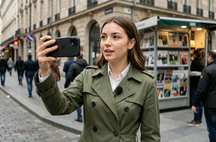 Journaliste de terrain réalisant un reportage vidéo en direct depuis une rue urbaine européenne avec un smartphone