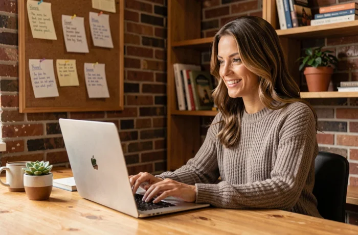 Femme blogueure débutante tapant sur un ordinateur portable dans un bureau à domicile cosy et organisé