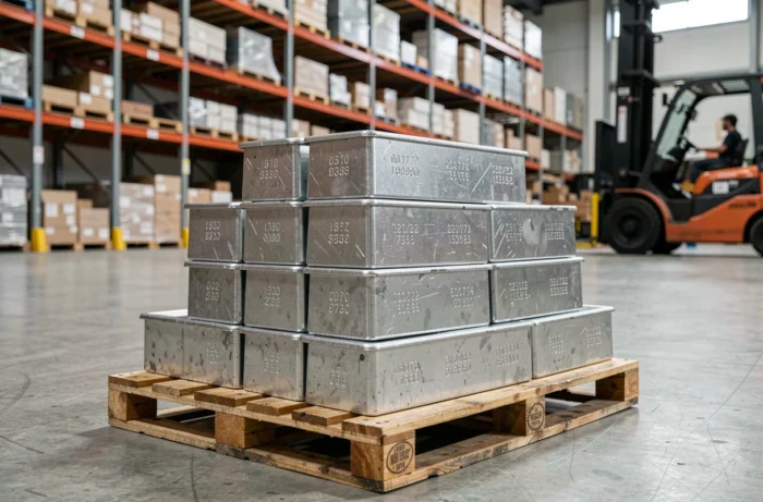 Lingots d'étain empilés sur palette dans un entrepôt industriel illustrant le marché des métaux et les stocks de matières premières