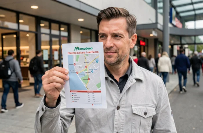 Homme consultant une liste de magasins Mercadona en France sur un dépliant papier devant un centre commercial