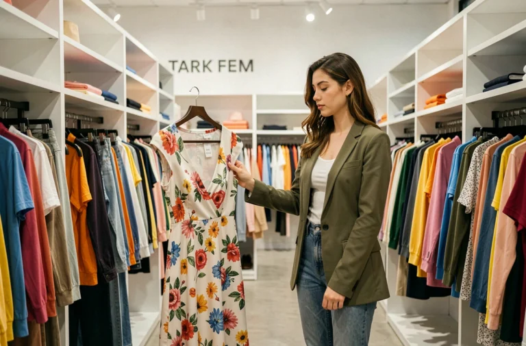 Jeune femme faisant du shopping dans un magasin de vêtements tendance en Belgique, parcourant des rayons colorés et abordables