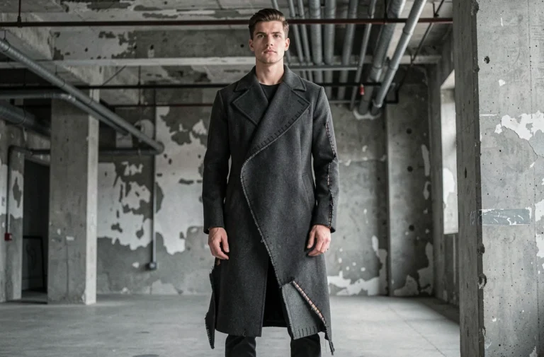 Mannequin masculin portant un manteau asymétrique avant-gardiste style Carol Christian Poell dans un loft industriel en béton brut