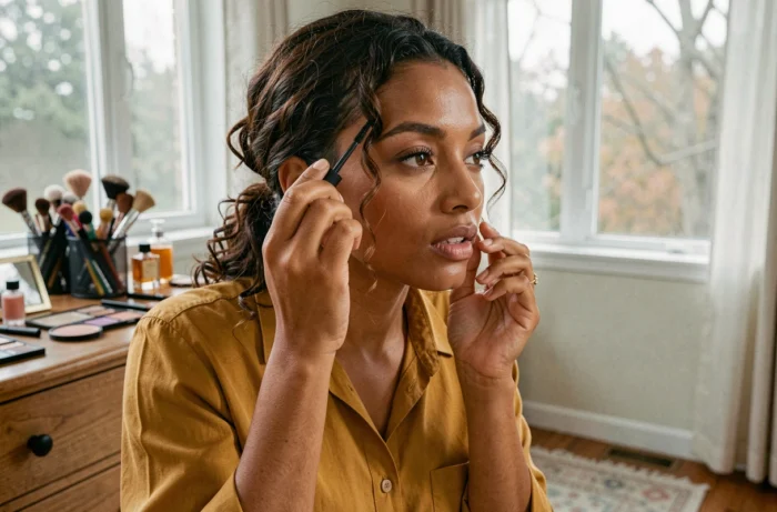Jeune femme aux cheveux bouclés appliquant du mascara dans un miroir à main dans une chambre cosy