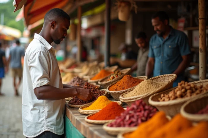 Homme choisissant des épices créoles au marché traditionnel de Fort-de-France en Martinique