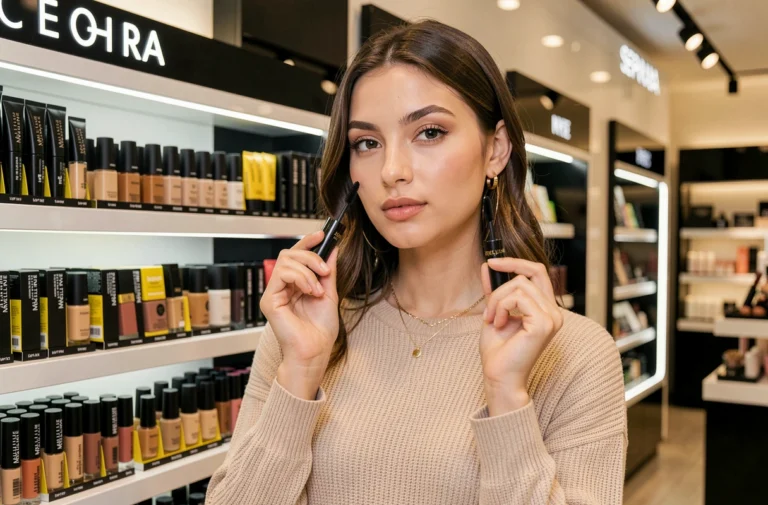 Jeune femme tenant un mascara Maybelline devant un rayon Sephora bien garni de produits de maquillage tendance