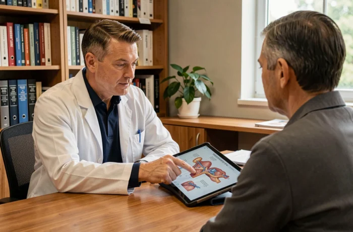 Médecin expliquant un diagnostic à un patient dans un cabinet de consultation, illustrant les causes et solutions face aux maladies