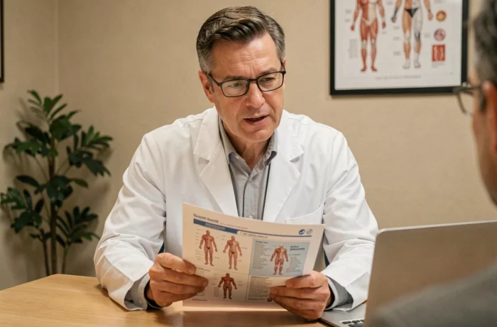 Médecin consultant tenant un dossier médical lors d'une consultation post-opératoire en cabinet hospitalier