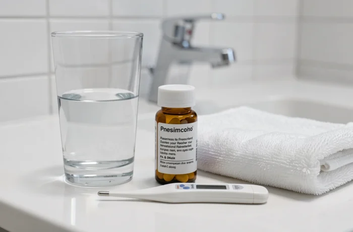 Verre d'eau, médicaments et thermomètre sur un meuble de salle de bain pendant une convalescence à domicile