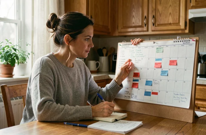 Mère consultant un calendrier papier annoté avec des semaines paires et impaires pour organiser la garde alternée de ses enfants