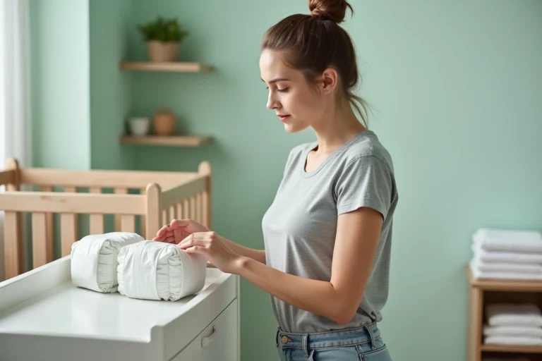 Jeune mère comparant des couches Pampers et une sous-marque sur une table à langer dans une chambre de bébé apaisante