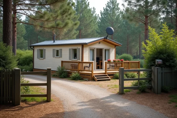 Mobil-home chalet intégré sur un terrain privé boisé en France avec accès sécurisé et raccordements légaux